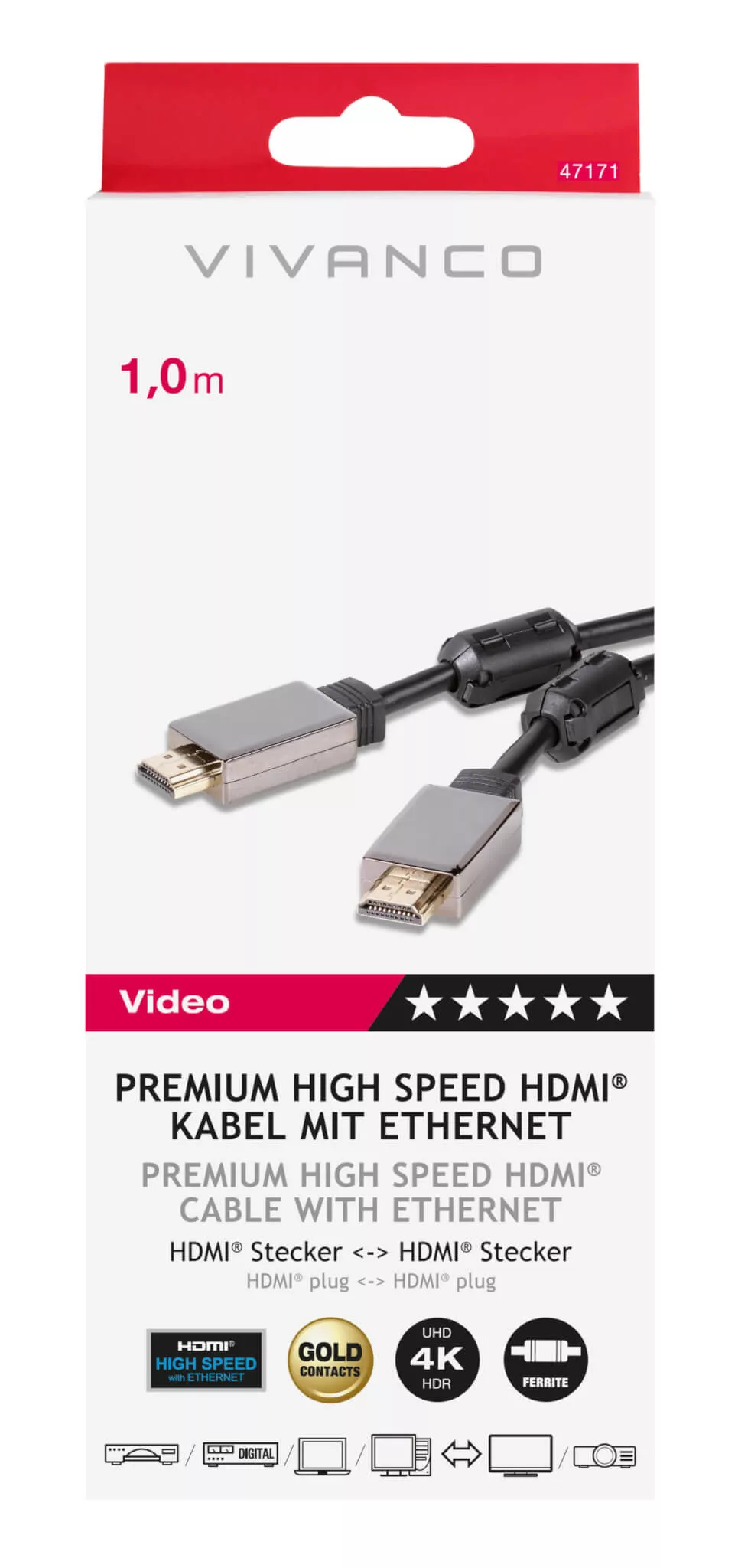 47171 Cable HDMI VIVANCO Video 5* 1.0m 2.0b 4k - 47171 - 0
