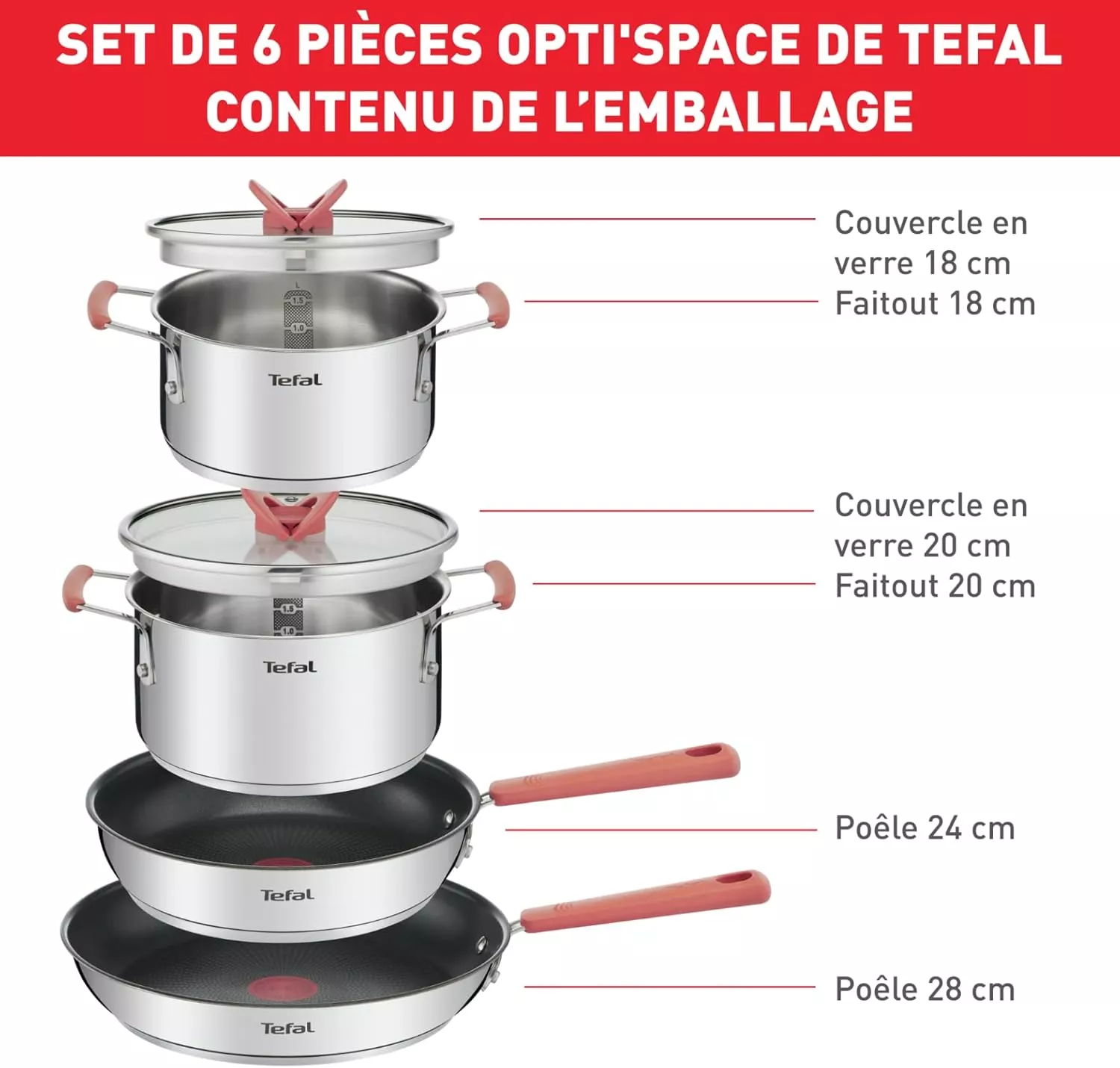 G720S604 Batterie de cuisine Tefal 6 pièces Faitouts 18/20 - 1