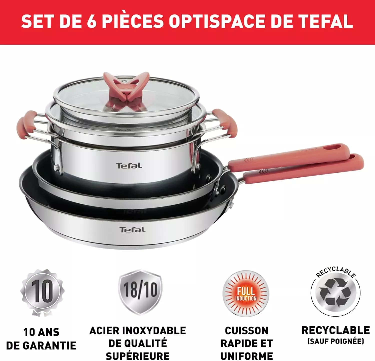 G720S604 Batterie de cuisine Tefal 6 pièces Faitouts 18/20 - 2