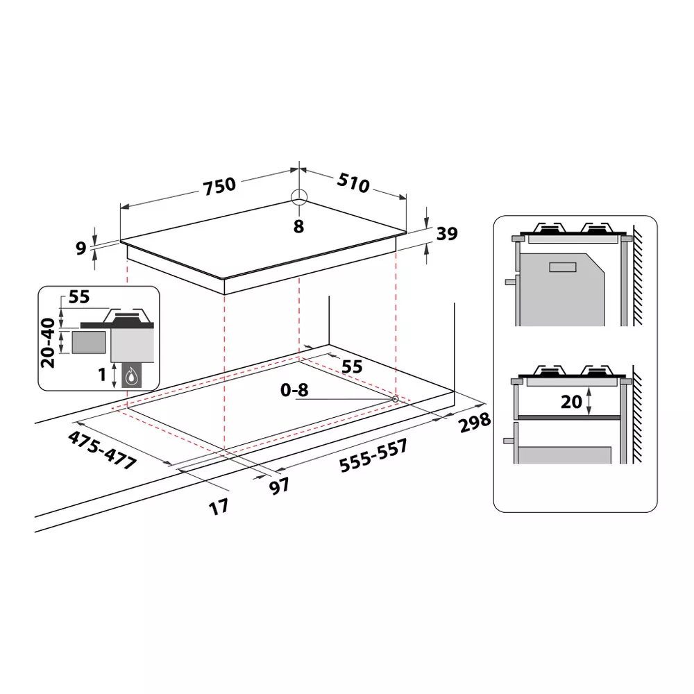 PCN 751 T/IX/HA Plaque ARISTON Gaz 5 FEUX INOX 75CM - 1